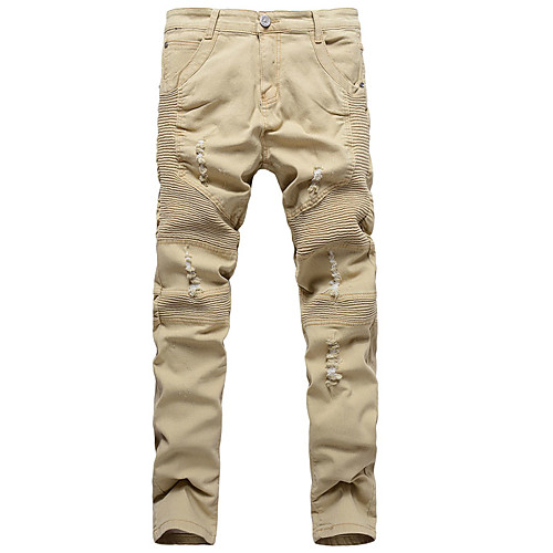 

Men's Chino Ripped Casual Daily Skinny Jeans Pants Solid Colored Full Length Pleated Pocket Print Khaki
