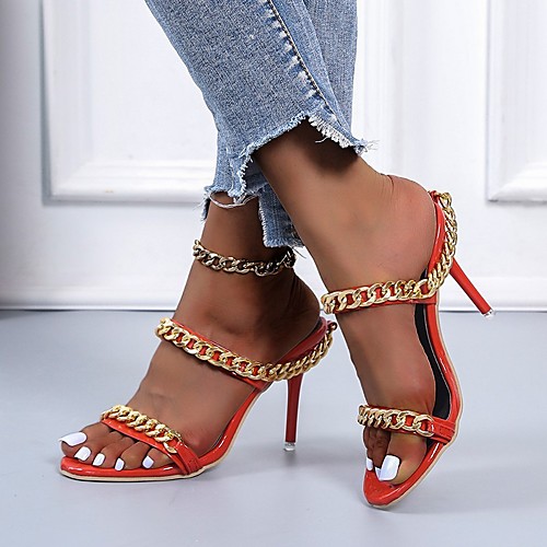 

Women's Sandals High Heel Round Toe PU Sequin Solid Colored Red Black