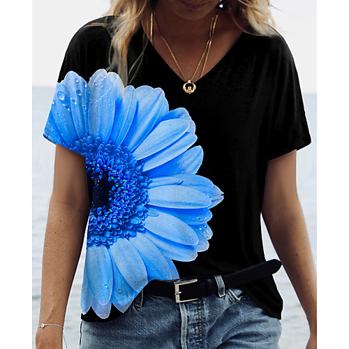 

Women's Floral Theme Painting T shirt Floral Daisy Print V Neck Basic Tops Blue