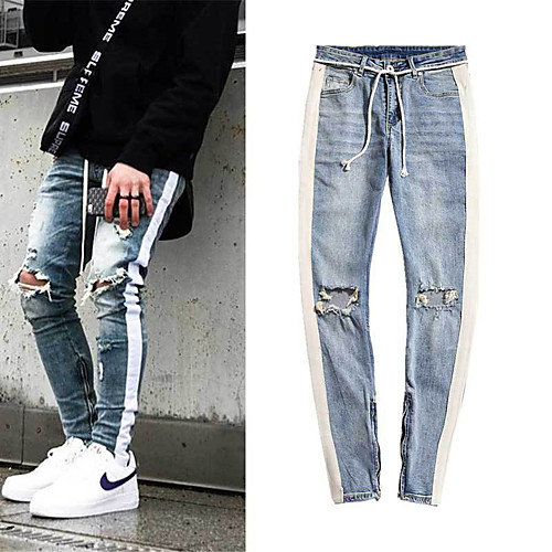 

Men's Stylish Sporty Casual / Sporty Streetwear Comfort Daily Sports Pants Jeans Trousers Pants Lines / Waves Full Length Zipper Blue Black