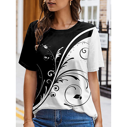 

Women's Floral Theme Painting T shirt Plants Color Block Print Round Neck Basic Tops Black