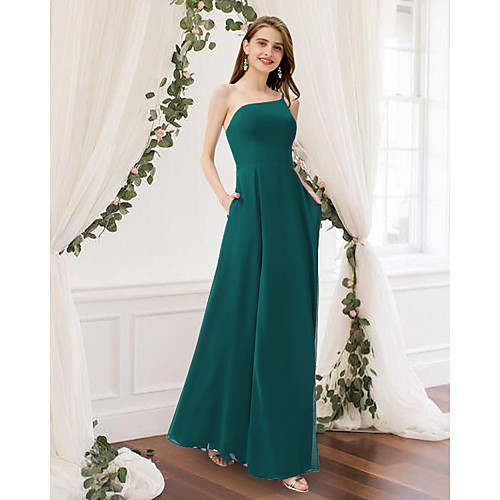 

A-Line One Shoulder Floor Length Chiffon Bridesmaid Dress with Pleats