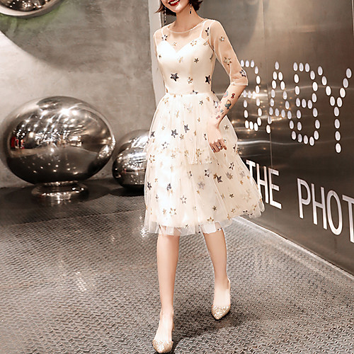 

A-Line Glittering Elegant Party Wear Cocktail Party Dress Jewel Neck Half Sleeve Short / Mini Tulle with Tier Embroidery 2021