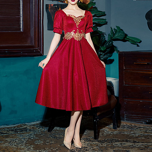 

A-Line Glittering Floral Party Wear Cocktail Party Dress Sweetheart Neckline Short Sleeve Tea Length Spandex with Embroidery Appliques 2021