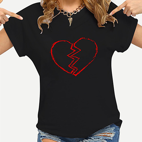 

Women's Painting T shirt Heart Print Round Neck Basic Tops Cotton Red Black