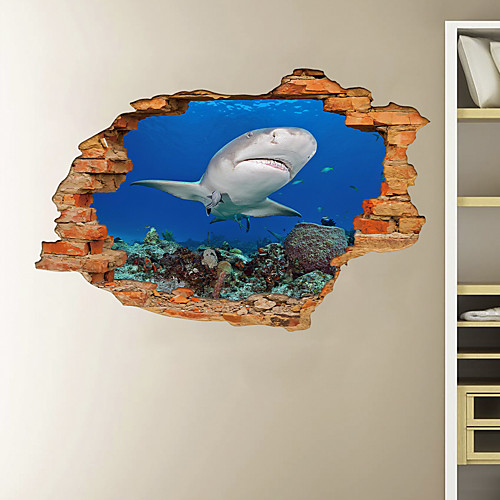 

3D Broken Wall Undersea World Water Shark Home Children's Room Background Decoration Can Be Removed Stickers