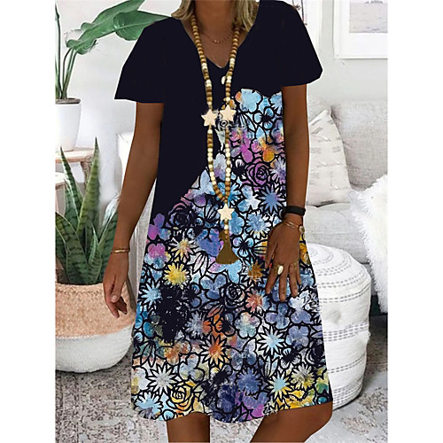 

Women's T Shirt Dress Tee Dress Knee Length Dress Black Short Sleeve Floral Print Summer V Neck Casual Holiday 2021 S M L XL XXL 3XL