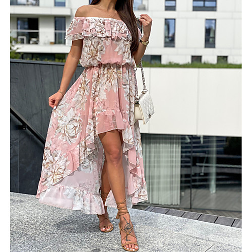 

Women's Swing Dress Maxi long Dress Blue flower Safflower Short Sleeve Flower Ruffle Plus High Low Spring Summer Off Shoulder Active Casual Holiday 2021 S M L XL