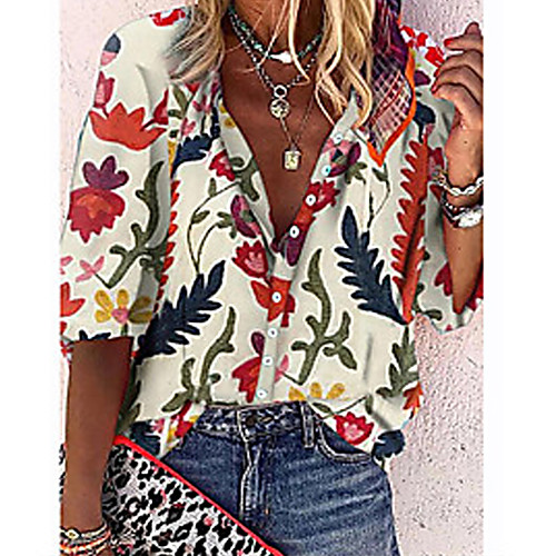 

Women's Blouse Shirt Floral Pattern Graphic Long Sleeve Shirt Collar Tops Loose White Red