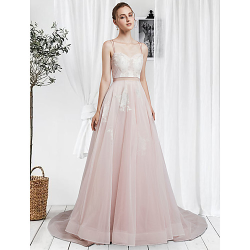 

A-Line Wedding Dresses Sweetheart Neckline Spaghetti Strap Court Train Lace Tulle Sleeveless Country Romantic with Lace Appliques 2021