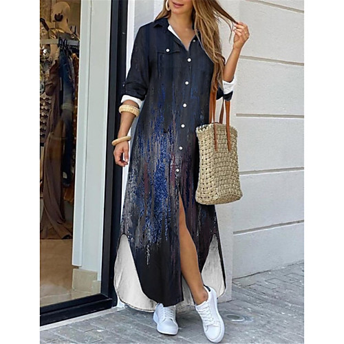 

Women's Shirt Dress Maxi long Dress Black Long Sleeve Print Color Gradient Print Spring Summer Shirt Collar Casual Holiday 2021 S M L XL XXL 3XL
