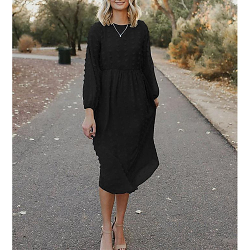 

Women's Loose Midi Dress ArmyGreen Red Wine Black Long Sleeve Yarn Dyed Dot Spring Summer Ladies Casual Loose 2021 S M L XL