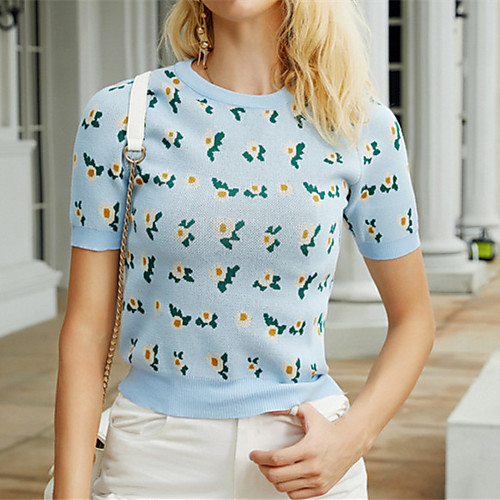 

Women's Casual Flower Pullover Sweater Short Sleeve Sweater Cardigans Round Neck Spring Summer Blue Yellow
