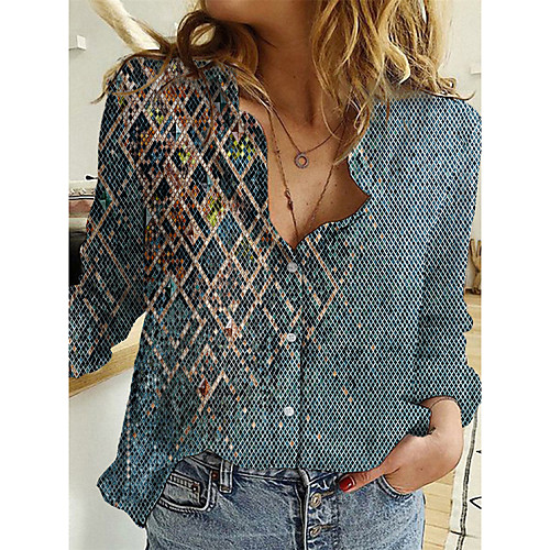 

Women's Geometric Blouse Shirt Graphic Geometric Long Sleeve Button Print Shirt Collar Casual Streetwear Tops Blue Brown