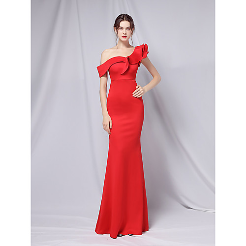 

Mermaid / Trumpet Empire Sexy Wedding Guest Formal Evening Dress One Shoulder Short Sleeve Floor Length Stretch Satin with Ruffles 2021