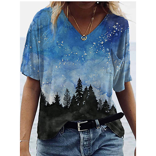 

Women's Floral Theme Abstract 3D Printed T shirt Scenery 3D Pocket Print V Neck Basic Tops Blue Yellow Gray