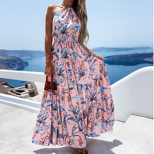 

Women's A Line Dress Maxi long Dress Pink flower Sleeveless Print Summer Sexy 2021 S M L XL 2XL