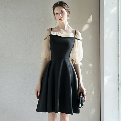 

A-Line Minimalist Elegant Homecoming Cocktail Party Dress Spaghetti Strap Half Sleeve Short / Mini Stretch Fabric with Pleats 2021