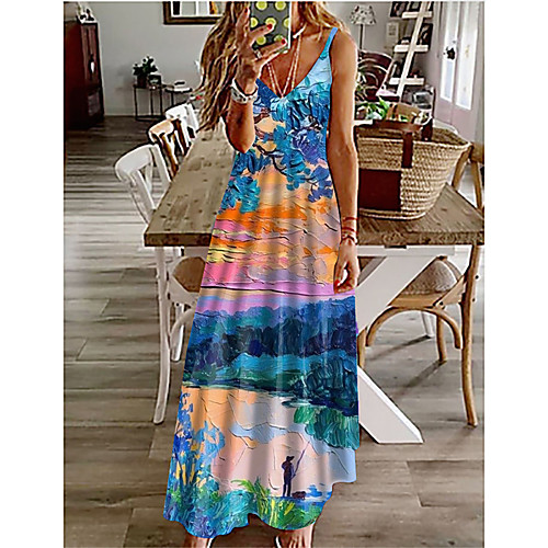 

Women's A Line Dress Maxi long Dress Blue Sleeveless Print Print Summer V Neck Casual Holiday 2021 S M L XL XXL 3XL