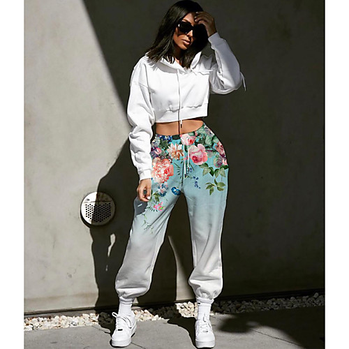 

Women's Designer Streetwear Comfort Going out Weekend Jogger Pants Flower / Floral Gradient Full Length Elastic Drawstring Design Print Green