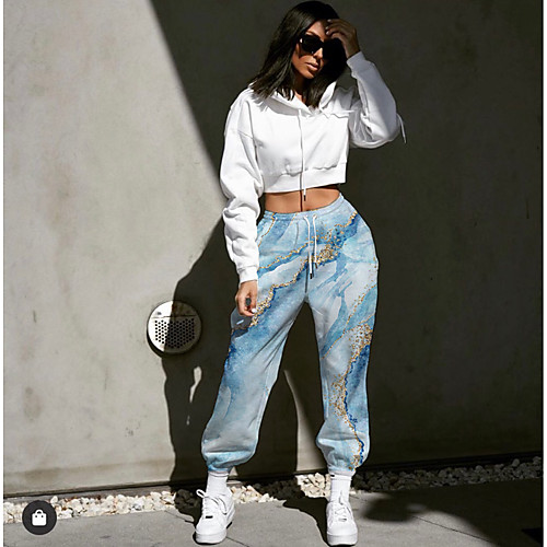 

Women's Designer Streetwear Comfort Going out Weekend Jogger Pants Abstract Graphic Prints Full Length Elastic Drawstring Design Print Blue