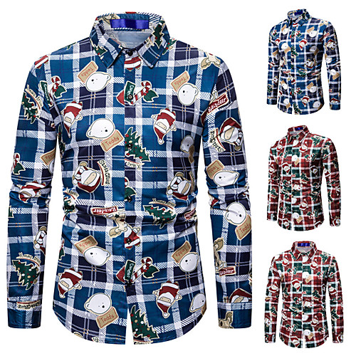 

Men's Shirt Santa Claus Long Sleeve Christmas Tops Cartoon Red Navy Blue