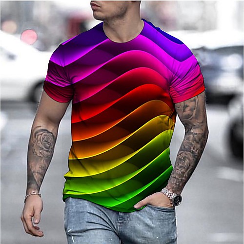 

Men's Unisex Tee T shirt 3D Print Striped Graphic Prints Geometry Plus Size Print Short Sleeve Casual Tops Basic Designer Big and Tall Rainbow