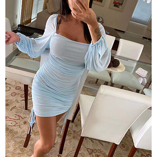 

Women's Sheath Dress Short Mini Dress Light Blue Solid Color Ruched Spring Summer Square Neck Sexy Juliette Sleeves 2021 S M L XL