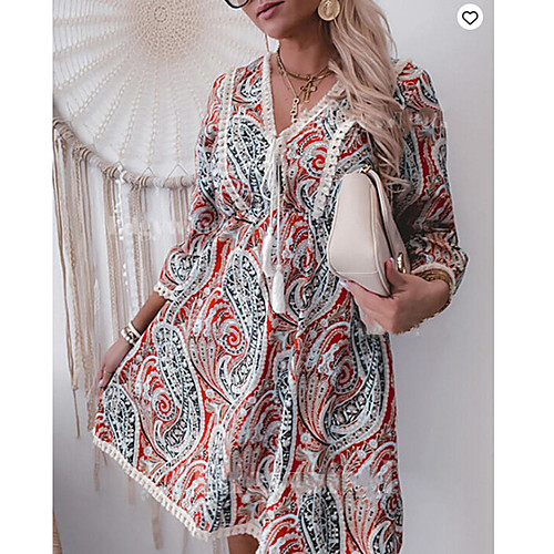 

Women's A Line Dress Midi Dress Red 3/4 Length Sleeve Mixed Color Tassel Fringe Spring Summer V Neck Bohemian Style Casual Holiday Loose 2021 S M L XL XXL