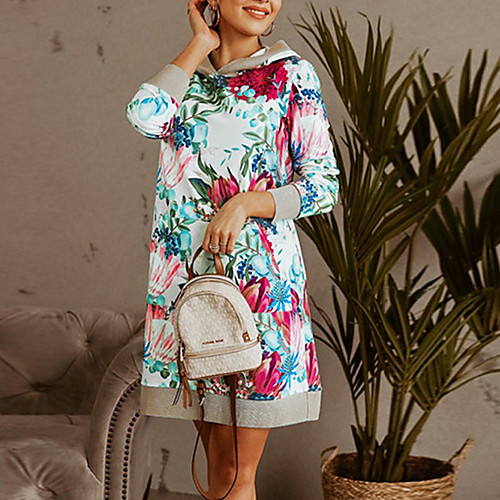 

Women's Shift Dress Short Mini Dress Blue Blushing Pink Rainbow Black Light Blue Long Sleeve Floral Print Fall Hooded Casual 2021 S M L XL XXL