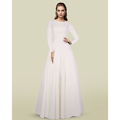 

A-Line Mother of the Bride Dress Elegant Jewel Neck Floor Length Italy Satin Long Sleeve with Pleats 2021