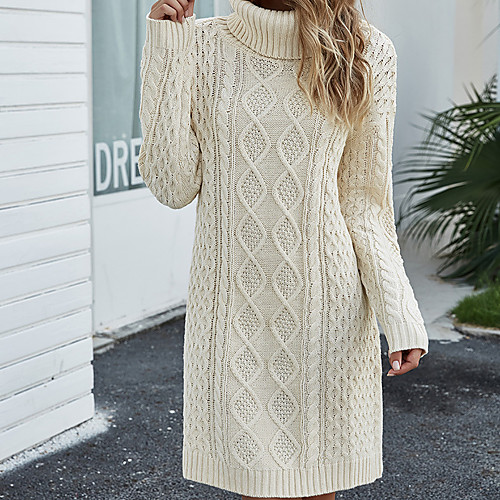 

Women's Sweater Jumper Dress Short Mini Dress Creamy-white Dark Blue Long Sleeve Solid Color Split Hollow Out Hole Fall Winter High Neck Casual Sexy 2021 S M L XL