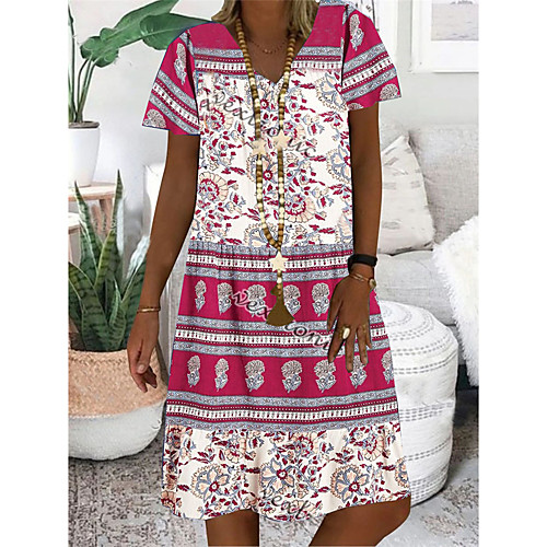 

Women's T Shirt Dress Tee Dress Knee Length Dress Fuchsia Short Sleeve Floral Print Summer V Neck Casual Holiday 2021 S M L XL XXL 3XL