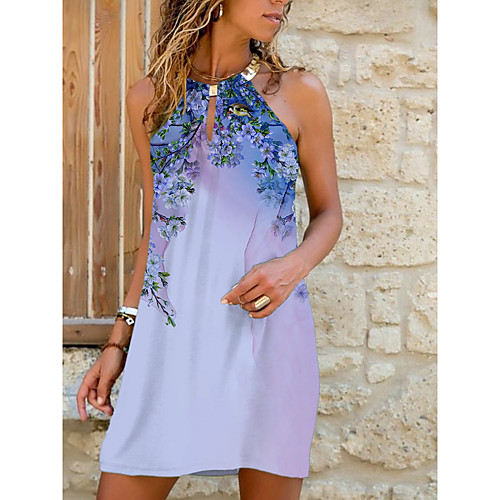 

Women's Strap Dress Short Mini Dress Blue Blushing Pink White Sleeveless Floral Color Gradient Print Summer Halter Neck Casual 2021 S M L XL XXL 3XL
