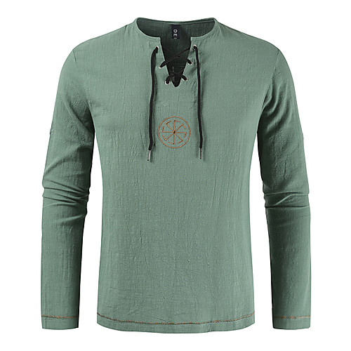 

Men's Shirt non-printing Solid Color Embroidered Drawstring Long Sleeve Daily Tops Ethnic Style Casual Chinoiserie Blue Gray Khaki
