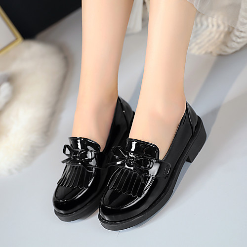 

Women's Loafers & Slip-Ons Chunky Heel Round Toe Daily Patent Leather Bowknot Tassel Solid Colored Black