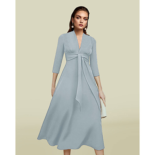 

A-Line Mother of the Bride Dress Elegant V Neck Tea Length Charmeuse 3/4 Length Sleeve with Sash / Ribbon 2021