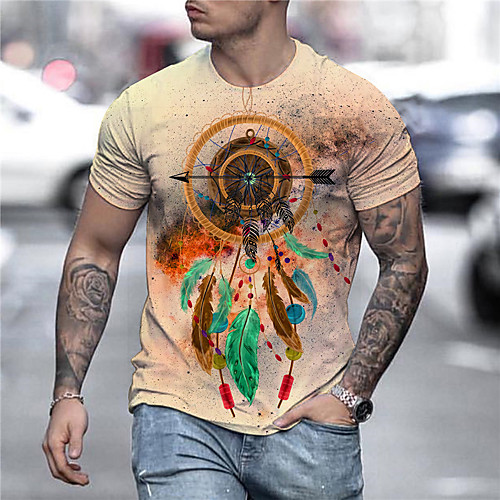

Men's Unisex Tee T shirt Shirt 3D Print Graphic Prints Feather Print Short Sleeve Daily Tops Casual Designer Big and Tall Yellow