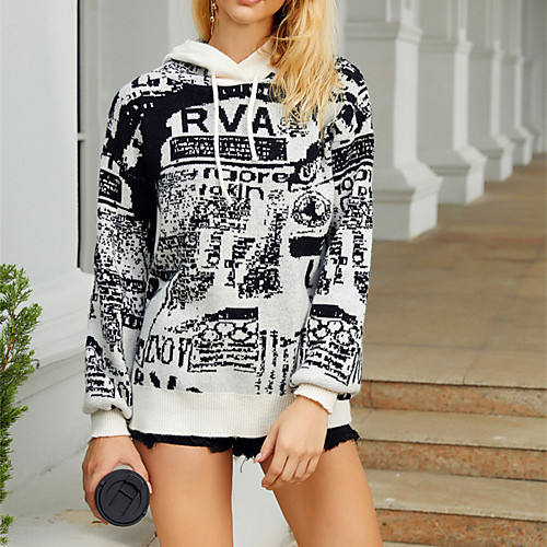 

Women's Casual Geometic Pullover Sweater Long Sleeve Sweater Cardigans Hooded Fall Winter Spring White / Black