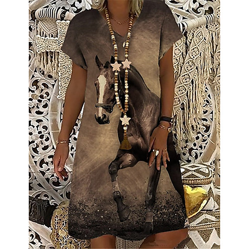

Women's T Shirt Dress Tee Dress Knee Length Dress Brown Short Sleeve Print Animal Print Spring Summer V Neck Casual Holiday 2021 S M L XL XXL 3XL
