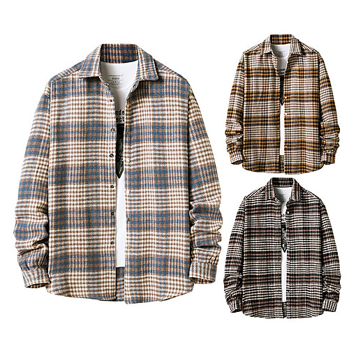 

Men's Shirt Lattice Button-Down Long Sleeve Casual Tops Lightweight Casual Fashion Breathable Blue Yellow Coffee
