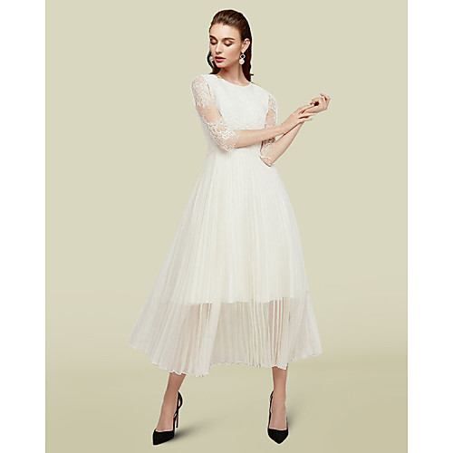 

A-Line Mother of the Bride Dress Elegant Jewel Neck Tea Length Chiffon Lace Half Sleeve with Appliques 2021
