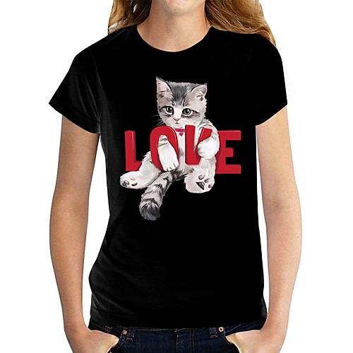

Women's 3D Cat Painting T shirt Cat 3D Text Print Round Neck Basic Tops Cotton White Black