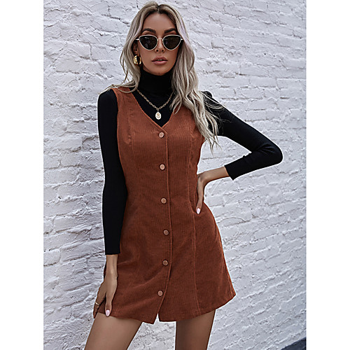 

Women's A Line Dress Short Mini Dress Light Brown Sleeveless Solid Color Button Fall Winter V Neck Work Vintage 2021 S M L XL