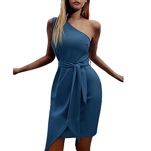

Women's Sheath Dress Knee Length Dress Blue Purple Red Wine off-white Black Sleeveless Solid Color Layered Lace up Spring Summer One Shoulder Elegant Casual Sexy Party 2021 S M L XL XXL / Work