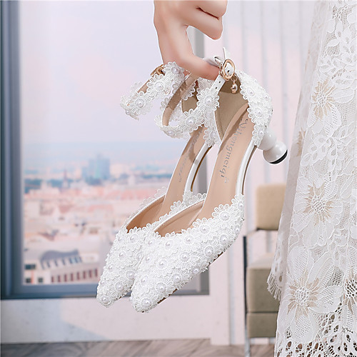 

Women's Wedding Shoes Pumps Pointed Toe Wedding Sandals Wedding PU Pearl Buckle Lace Solid Colored White