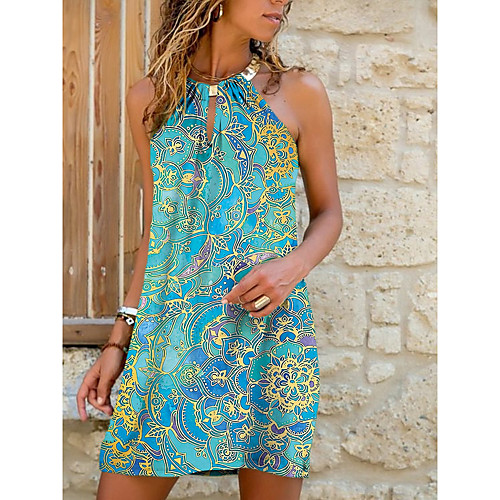 

Women's Strap Dress Short Mini Dress Blue Purple Green Sleeveless Floral Print Summer Halter Neck Casual 2021 S M L XL XXL 3XL