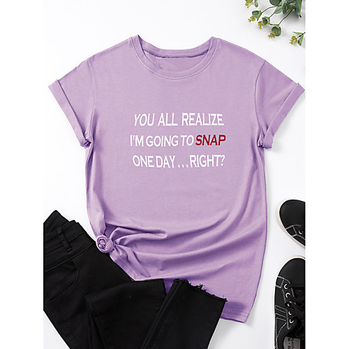 

Women's T shirt Graphic Text Print Round Neck Basic Tops 100% Cotton Blue Purple Yellow