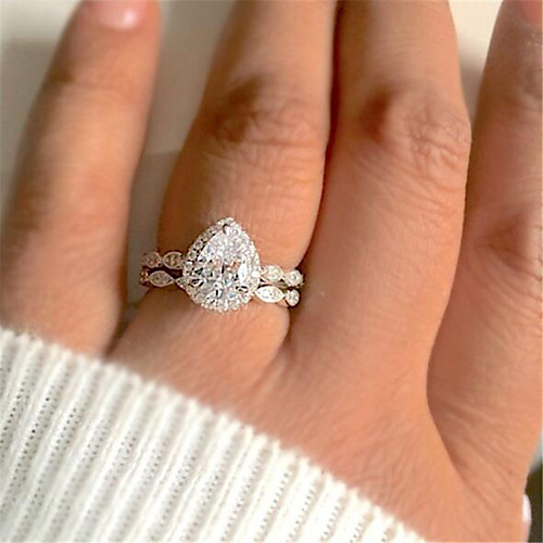 

Silver-Plated Round Ring 3D Silver Zircon Copper Silver-Plated Precious Pear Fashion 1 set