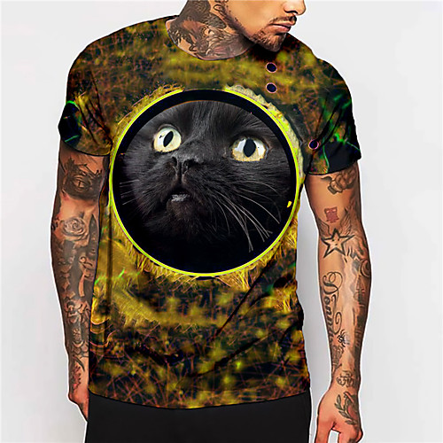 

Men's Unisex Tee T shirt Shirt 3D Print Cat Graphic Prints Print Short Sleeve Daily Tops Casual Designer Big and Tall Yellow